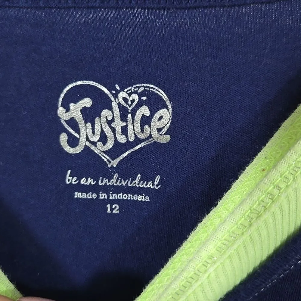 Justice Girls Layered Top Size 12 Navy Lime Graphic Shirt Tween Everyday Tee